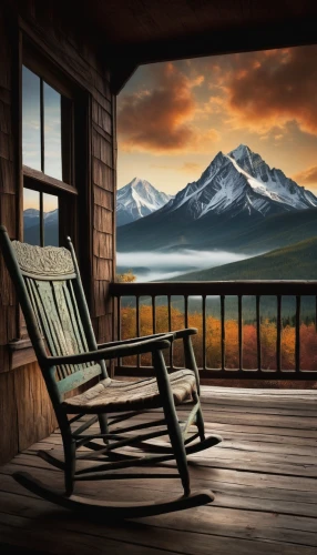 windows wallpaper,porch swing,landscape background,wooden bench,deckchair,the cabin in the mountains,rocking chair,mountain sunrise,home landscape,world digital painting,front porch,window seat,mountain scene,colored pencil background,background view nature,alpine sunset,digital painting,photo painting,bench chair,bench,Illustration,Abstract Fantasy,Abstract Fantasy 19