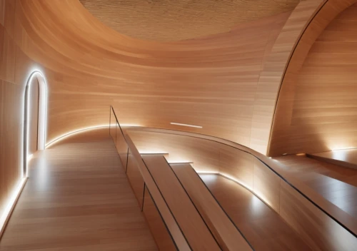 wooden beams,wooden stairs,daylighting,laminated wood,antinori,wooden sauna,hallway space,associati,archidaily,spaceship interior,wooden construction,recessed,wooden stair railing,winding staircase,plywood,architraves,staircase,goetheanum,wooden church,circular staircase,Photography,General,Realistic