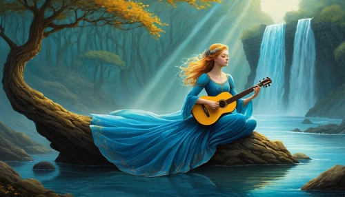 the blonde in the river,serenade,tuatha,classical guitar,woman playing,fantasy picture,serenades,serenading,songful,troubadour,serenata,ofarim,strumming,bardic,celtic woman,melodious,guitare,serenaded,world digital painting,girl on the river,Illustration,Abstract Fantasy,Abstract Fantasy 19