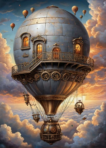 airship,airships,skyship,dirigible,air ship,zeppelin,skycycle,sky apartment,deltha,globe,aerostat,bathysphere,gas balloon,surrealism,the globe,zeppelins,balloonist,world digital painting,ufo,steampunk,Illustration,Realistic Fantasy,Realistic Fantasy 13