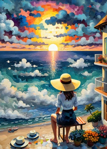 beach landscape,ocean view,sea landscape,watercolor cafe,sun and sea,beach restaurant,beach background,by the sea,beach scenery,seaside,seaside country,watercolor background,seaside view,ocean background,seascape,seaside resort,vacansoleil,oil painting on canvas,art painting,ghibli,Conceptual Art,Daily,Daily 31