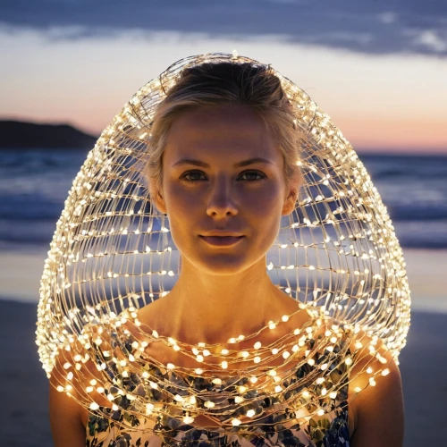 girl in a wreath,fairy lights,light art,luminous garland,lantern string,drawing with light,light painting,lightpainting,light mask,golden wreath,garland of lights,portable light,wire light,string lights,mystical portrait of a girl,luminous,kupala,galadriel,veil,bioluminescent,Photography,Documentary Photography,Documentary Photography 31