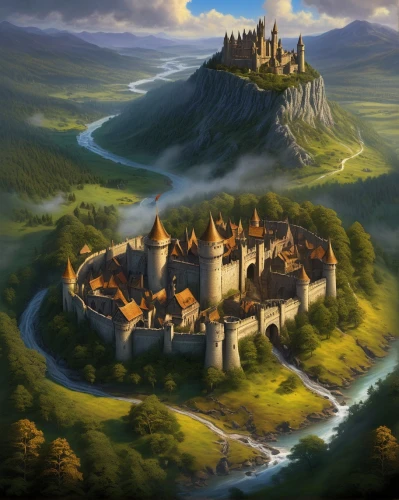 beleriand,nargothrond,riftwar,medieval castle,knight's castle,castel,townsmen,gondolin,fairy tale castle,castlelike,knight village,erebor,bewcastle,templar castle,highstein,castletroy,diagon,fantasy landscape,castle of the corvin,dracula castle,Illustration,Realistic Fantasy,Realistic Fantasy 32