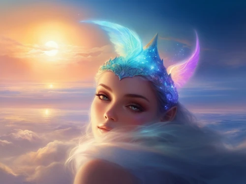 fantasy portrait,fantasy picture,cielo,faerie,celestial,fairie,mystical portrait of a girl,fantasy art,fae,fantasia,unicorn background,moonchild,celestial body,faery,world digital painting,ostara,skyflower,inanna,celestial event,dreamscapes,Illustration,Realistic Fantasy,Realistic Fantasy 01