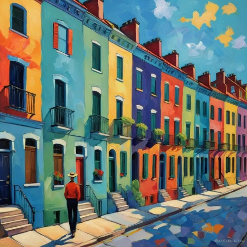 row houses,rowhouses,colorful city,rowhouse,french quarters,calcutta,montmartre,martre,francisville,tenements,esquina,new orleans,brownstones,neworleans,burano,montrealer,post impressionist,italian painter,quebec,postimpressionist,Conceptual Art,Oil color,Oil Color 25
