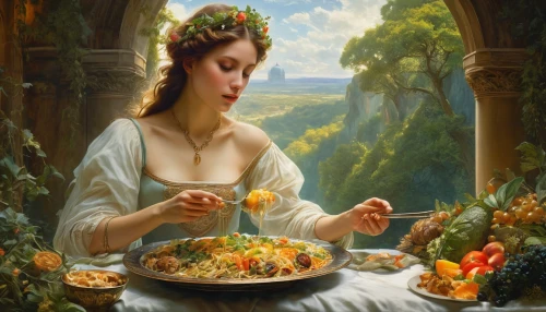 emile vernon,girl with cereal bowl,dossi,woman eating apple,fantasy picture,woman holding pie,girl in flowers,girl with bread-and-butter,primavera,pottage,girl in the garden,girl in the kitchen,girl picking flowers,kupala,giardiniera,vittata,holman,winterhalter,dinnerstein,beltane,Conceptual Art,Fantasy,Fantasy 05