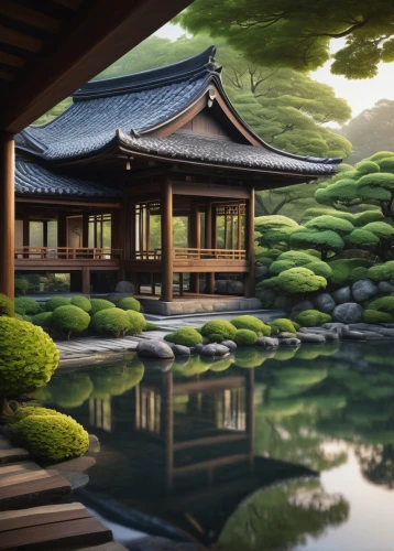 japan garden,asian architecture,japanese garden,japanese zen garden,ryokan,kyoto,teahouse,zen garden,ryokans,japan landscape,japon,japanese-style room,japanese garden ornament,golden pavilion,dojo,heian,beautiful japan,zen,tranquility,serene,Illustration,Abstract Fantasy,Abstract Fantasy 21