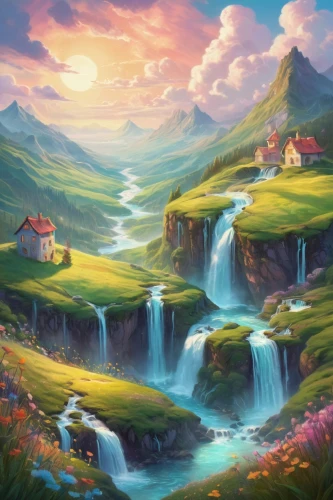 fantasy landscape,landscape background,cartoon video game background,mountain landscape,mushroom landscape,home landscape,skylands,fantasy picture,mountainous landscape,mountain spring,zoombinis,beautiful landscape,salt meadow landscape,mountain scene,nature landscape,waterfalls,alpine landscape,nature background,children's background,meadow landscape,Photography,Documentary Photography,Documentary Photography 27