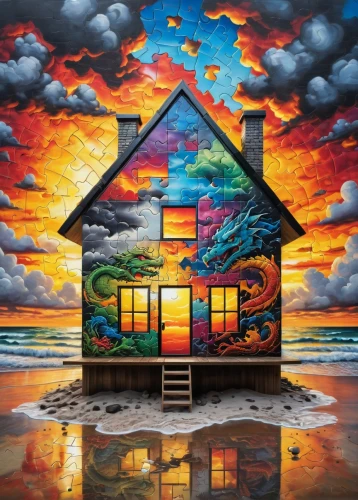 beach house,house painting,beach hut,beachhouse,house by the water,house with lake,fisherman's house,summer cottage,house of the sea,house silhouette,lonely house,home landscape,wooden house,dreamhouse,houses clipart,cottage,little house,kaleidoscape,small house,seaside resort,Conceptual Art,Graffiti Art,Graffiti Art 01