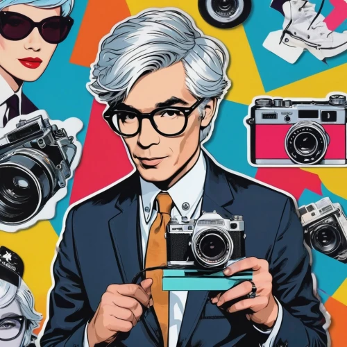 camera illustration,andy warhol,retro 1950's clip art,pop art style,cool pop art,pop art background,warhol,pop art people,blogger icon,fashion vector,wpap,the blonde photographer,lagerfeld,camera photographer,cameras,camera,photo camera,fashiontv,portrait photographers,dslrs,Unique,Design,Sticker