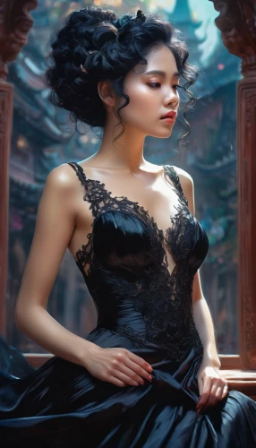 fantasy portrait,oriental princess,fantasy picture,duchesse,bodice,noblewoman,gothel,fantasy art,sirenia,black queen,black pearl,ball gown,gothic dress,fantasy woman,gothic portrait,fairest,ariadne,corseted,fairy tale character,amphitrite,Illustration,Realistic Fantasy,Realistic Fantasy 37