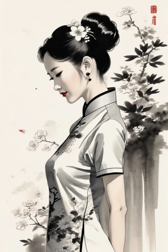 cheongsam,geisha girl,japanese woman,geisha,zhiyuan,huayi,guqin,xiaofei,yuexiu,plum blossom,qibao,oriental girl,maiko,geiko,jialing,plum blossoms,qipao,xuebing,oriental painting,zuoying,Illustration,Paper based,Paper Based 30