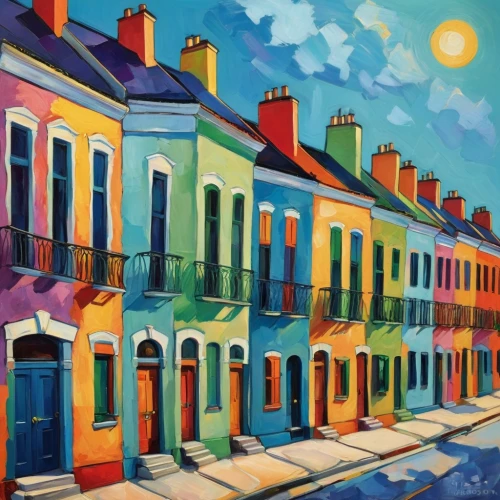 row houses,new orleans,neworleans,cobh,burano,rowhouses,french quarters,rathmines,row of houses,ranelagh,houses clipart,marigny,notting hill,colorful city,rathgar,merrion,calcutta,rowhouse,cliath,nola,Conceptual Art,Oil color,Oil Color 25