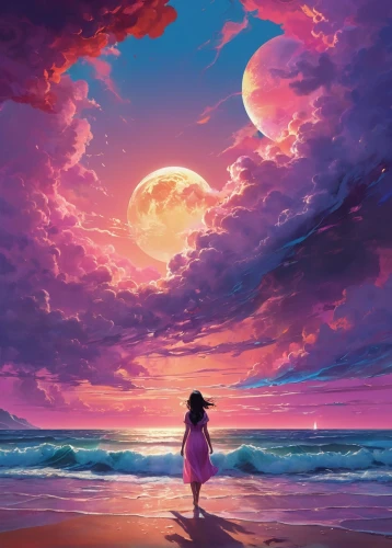 ocean,ocean background,purple moon,dream beach,dreamscape,purple landscape,pink beach,beach background,the endless sea,beautiful wallpaper,dusk background,beach scenery,moon and star background,moonrise,beautiful beach,beach landscape,horizon,moonlight,dark beach,sea night,Conceptual Art,Daily,Daily 21