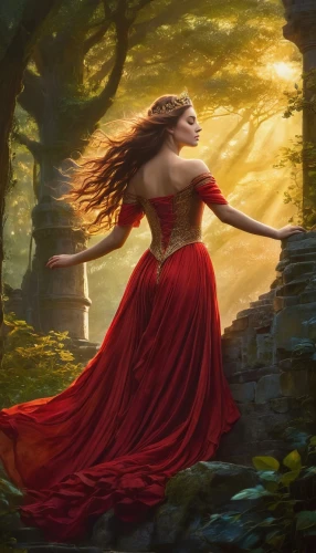 fantasy picture,fae,man in red dress,kahlan,beltane,fantasy woman,ballerina in the woods,persephone,fantasia,fantasy art,celtic woman,rusalka,faerie,titania,throwing leaves,faery,girl in a long dress,enchantment,world digital painting,lady in red,Conceptual Art,Fantasy,Fantasy 05