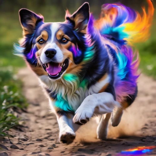 chromaffin,shetland sheepdog tricolour,color dogs,welsh cardigan corgi,sparapet,australian shepherd,running dog,border collie,collie,indian dog,welschcorgi,runyonesque,barkus,dog running,dog shetland sheepdog,dog angel,bernese mountain dog,krita,fantasy animal,rainbow unicorn,Illustration,Realistic Fantasy,Realistic Fantasy 20