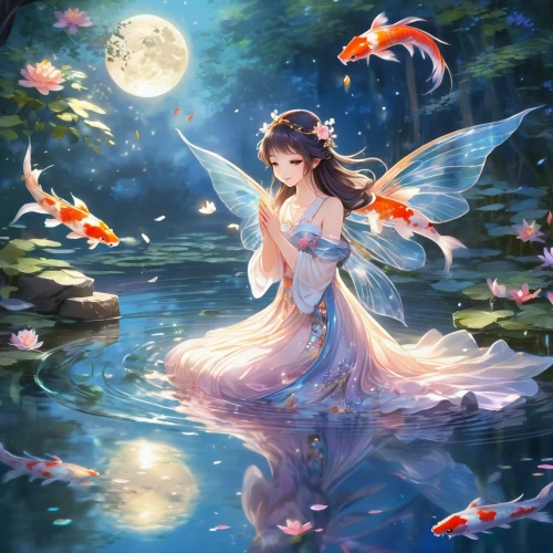 water nymph,kupala,mermaid background,fairie,koi pond,fairy,koi,underwater background,rusalka,nami,fantasia,umi,fairy world,faerie,fairy penguin,bohua,fairy galaxy,fairy queen,fairies,flower fairy,Illustration,Japanese style,Japanese Style 03