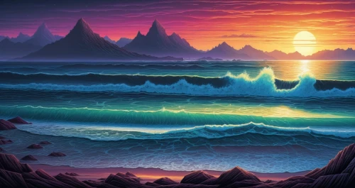 ocean waves,ocean background,seascape,ocean,rainbow waves,tidal wave,sea landscape,dune sea,coast sunset,water waves,waves,mermaid scales background,ocean paradise,dark beach,sea night,coastal landscape,cartoon video game background,wavevector,beach landscape,crashing waves,Illustration,Realistic Fantasy,Realistic Fantasy 25