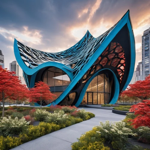 steel sculpture,ulysses butterfly,futuristic art museum,taniwha,blue leaf frame,uniphoenix,futuristic architecture,asian architecture,safdie,glass wing butterfly,biomimicry,morphosis,fearnley,ocad,parametric,heatherwick,modern architecture,soumaya museum,ismaili,public art,Photography,General,Realistic