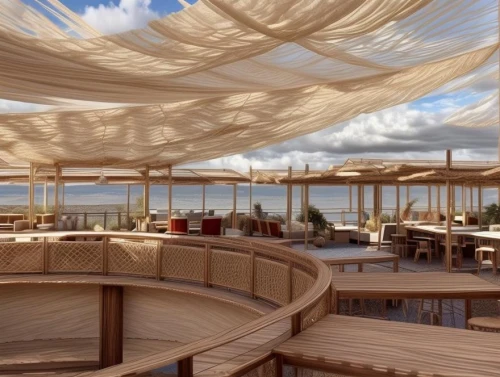 beach restaurant,beach bar,skybar,outdoor dining,thatch umbrellas,wood deck,terrazza,sundeck,terrasse,roof terrace,wooden decking,snohetta,atlantic grill,alpine restaurant,terrasson,faena,dunes house,pergola,beer tables,coteries