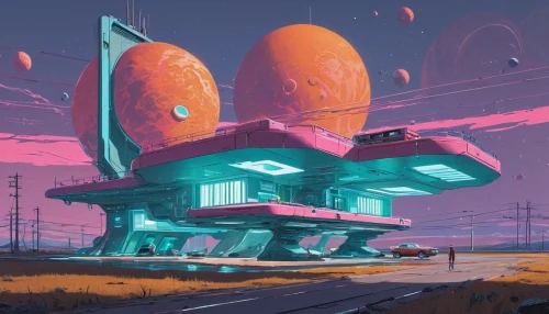 futuristic landscape,retro diner,scifi,electrohome,futuristic,sci - fi,cybertown,spaceport,space port,outpost,extrasolar,synth,cybercity,spaceland,diner,gas planet,alien planet,research station,spaceship space,homeworld,Conceptual Art,Sci-Fi,Sci-Fi 04