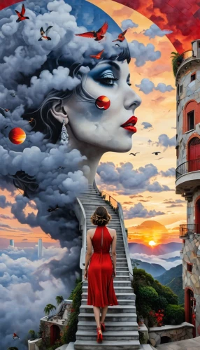 surrealism,fantasy picture,fantasy art,surrealist,surrealistic,stairway to heaven,dream art,girl on the stairs,dreamscapes,dreamscape,world digital painting,3d fantasy,imaginationland,imaginaire,heavenly ladder,stairs to heaven,imaginacion,photomanipulation,secret garden of venus,photo manipulation,Conceptual Art,Oil color,Oil Color 14