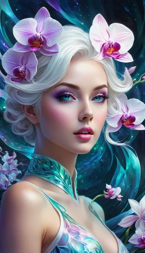 mermaid background,lilac blossom,elven flower,flower of water-lily,faerie,flower background,faery,magnolia blossom,flower fairy,water rose,fantasy art,fairie,magnolia,water lotus,splendor of flowers,amphitrite,gardenias,fantasy portrait,girl in flowers,jasmine blossom,Illustration,Realistic Fantasy,Realistic Fantasy 20