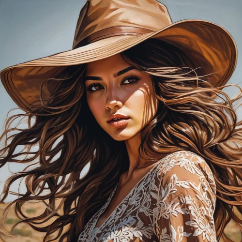 donsky,brown hat,boho art style,countrywoman,straw hat,boho art,countrygirl,countrywomen,photo painting,high sun hat,woman's hat,cowgirl,the hat-female,fashion vector,girl wearing hat,girl on the dune,windblown,sun hat,leather hat,bohemian art,Illustration,Realistic Fantasy,Realistic Fantasy 23