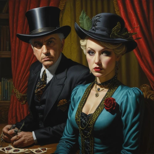vintage man and woman,roaring twenties couple,vintage boy and girl,magicians,croupiers,mobster couple,flapper couple,leyendecker,young couple,whitmore,man and wife,alekhine,elderly couple,gothic portrait,two people,attendants,trafficante,clue,simkins,homburg,Illustration,Realistic Fantasy,Realistic Fantasy 22
