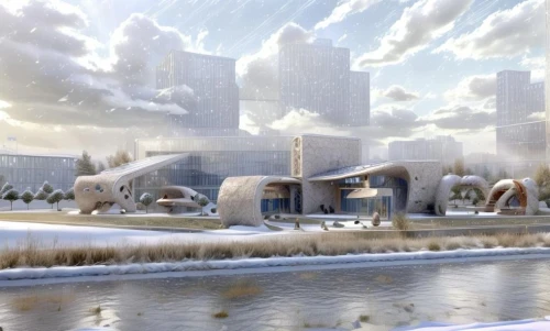 futuroscope,futuristic landscape,arcology,futuristic art museum,igloos,snow scene,3d rendering,snowhotel,winter village,technopolis,noah's ark,renderings,ecotopia,mammoths,prosauropods,europan,north pole,ordos,bjarke,snow landscape