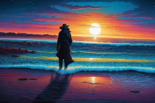 dubbeldam,the endless sea,sea night,man at the sea,silhouette art,dream art,ocean,the horizon,fantasy picture,world digital painting,ocean background,dreamtime,dreamscape,sun and sea,horizon,exploration of the sea,wyland,creative background,seascape,dreamscapes,Illustration,Realistic Fantasy,Realistic Fantasy 25