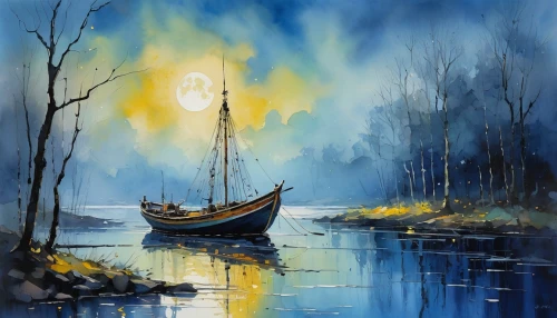 boat landscape,evening lake,row boat,watercolor blue,world digital painting,backwaters,watercolor background,canoe,sailing blue yellow,blue painting,sampan,river landscape,digital painting,watercolor painting,watercolor,fishing boat,wooden boat,water boat,sailboat,sail boat,Art,Artistic Painting,Artistic Painting 32