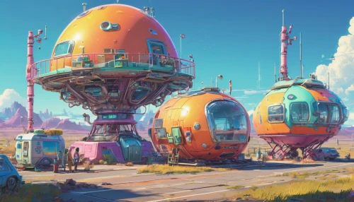 futuristic landscape,cybertown,odomes,ecotopia,fantasy city,hub,scifi,digital nomads,apiarium,boardinghouses,postapocalyptic,round hut,spaceport,cube stilt houses,research station,spheres,development concept,outpost,electrohome,cyberia,Illustration,Japanese style,Japanese Style 02