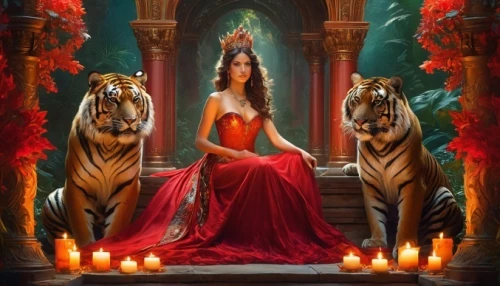 lionesses,fantasy picture,fantasy art,lady in red,nayer,leonine,she feeds the lion,panthera,tigress,aramean,leones,persia,tigris,queen of hearts,splendors,sekhmet,oriental princess,queenship,red roses,lioness