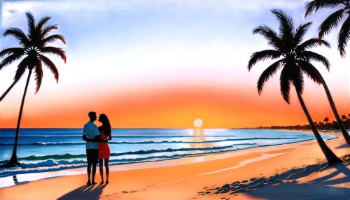 beach background,loving couple sunrise,dream beach,sunset beach,paradises,haulover,beach scenery,beach landscape,beautiful beach,sunrise beach,couple silhouette,paradise beach,summer background,vintage couple silhouette,romantic scene,photo painting,landscape background,beautiful beaches,lover's beach,silhouette art,Illustration,Abstract Fantasy,Abstract Fantasy 23