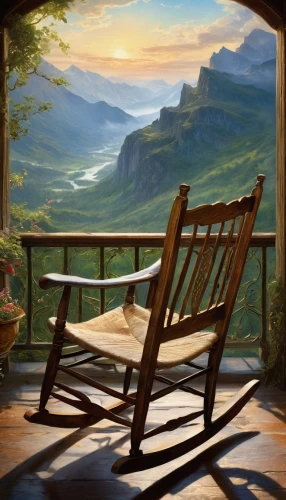 landscape background,wooden bench,home landscape,rocking chair,porch swing,mountain scene,idyll,world digital painting,garden bench,mountain sunrise,wood bench,chair in field,the cabin in the mountains,bench,nature background,windows wallpaper,hunting seat,background view nature,fantasy picture,bench chair,Conceptual Art,Fantasy,Fantasy 05