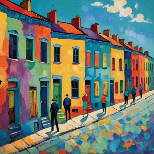 burano,colorful city,row houses,fauvist,fauvism,dubliners,street scene,comerford,french quarters,pechstein,martre,pittura,italian painter,rowhouses,mostovoy,esquina,rowhouse,row of houses,rathmines,dublin,Conceptual Art,Oil color,Oil Color 25
