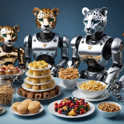breakfast buffet,anthropomorphized animals,cybermen,gastronomes,robots,robocon,robonaut,automatons,roboto,roboticists,robotics,robocup,droids,superintelligent,cereals,robotix,animatronics,robotham,food icons,breakfast table,Photography,General,Realistic