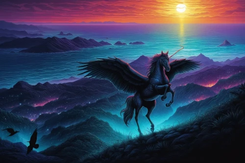 pegasus,pegasys,fantasy picture,pegasi,unicorn background,fantasy art,black horse,unicorn art,pegaso,cheval,fantasy landscape,bellerophon,dragonheart,nighthorse,saturnyne,unicorn,buraq,psygnosis,darkhorse,changelings,Illustration,Realistic Fantasy,Realistic Fantasy 25