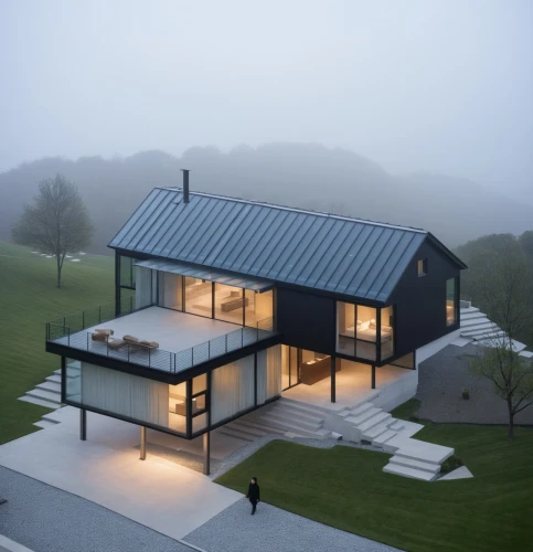 passivhaus,snohetta,roof landscape,modern house,danish house,cubic house,modern architecture,metal roof,frame house,cube house,grass roof,house in mountains,folding roof,house in the mountains,electrohome,residential house,timber house,archidaily,lohaus,slate roof,Photography,General,Realistic