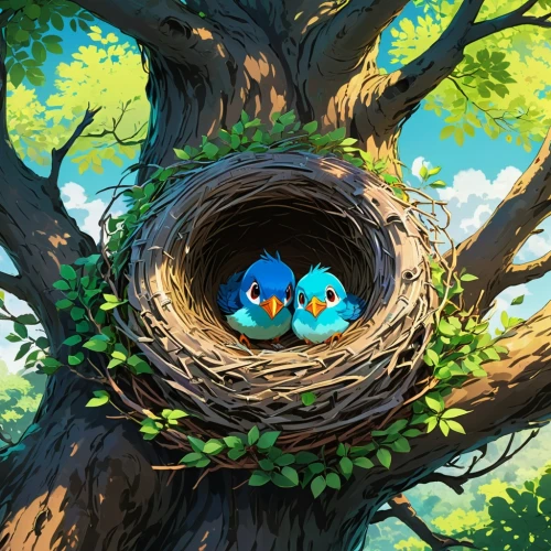 robin nest,nest,robin's nest,nests,tree's nest,bird nest,bird's nest,baby bluebirds,nestlings,bird nests,treepies,ohana,bird couple,charcoal nest,couple boy and girl owl,knothole,treehouse,nesting,easter nest,nest building,Illustration,Japanese style,Japanese Style 03