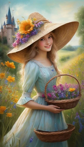 girl picking flowers,fantasy portrait,girl in the garden,girl in flowers,fantasy picture,the hat of the woman,belle,springtime background,flower basket,flower painting,parasol,fairy tale character,world digital painting,picking flowers,cinderella,primavera,flower hat,beautiful girl with flowers,schierholtz,girl wearing hat,Conceptual Art,Daily,Daily 32