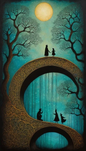 fantasy picture,befana,the mystical path,fairy tale,mirror of souls,couple boy and girl owl,fantasy art,druidry,blue moon,samhain,adventure bridge,a fairy tale,hangman's bridge,fairytales,hollow way,dreamtime,circle around tree,storybook,hollows,familiars,Illustration,Abstract Fantasy,Abstract Fantasy 19