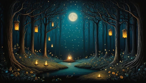 enchanted forest,forest of dreams,fairy forest,haunted forest,the forest,forest background,fairytale forest,forest,the woods,forest dark,forest glade,holy forest,halloween illustration,elven forest,fireflies,forest landscape,light of night,nacht,forest path,cartoon forest,Illustration,Abstract Fantasy,Abstract Fantasy 19
