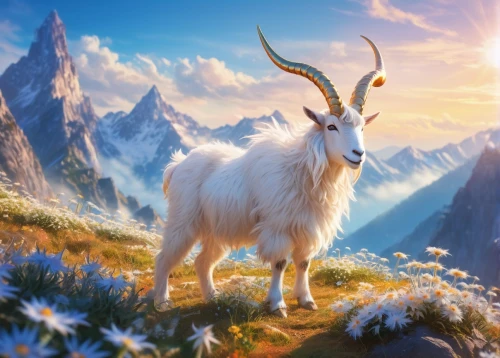 mountain goat,mountain sheep,goatflower,anglo-nubian goat,goat mountain,markhor,fantasy animal,boer goat,tahr,goat pépito,the spirit of the mountains,llambi,skillicorn,fantasy picture,mountain cow,mountain pasture,ibex,unicorn background,baral,wild sheep,Illustration,Japanese style,Japanese Style 03