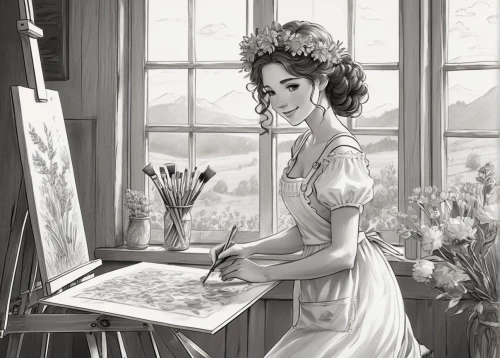 victorian lady,victorian style,pemberley,carnation coloring,victoriana,noblewoman,maxon,proprietress,girl studying,marguerite,margueritte,meticulous painting,illustrator,milkmaid,victorian,duchesse,underpainting,edwardian,lineart,flower painting,Illustration,Black and White,Black and White 30