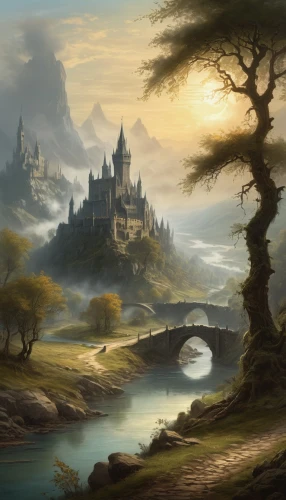 fantasy landscape,beleriand,fantasy picture,gondolin,nargothrond,fantasy art,riftwar,morrowind,erebor,lyonesse,fablehaven,elfland,westeros,ithilien,rivendell,neverwinter,alfheim,elves country,heorot,an island far away landscape,Art,Classical Oil Painting,Classical Oil Painting 35