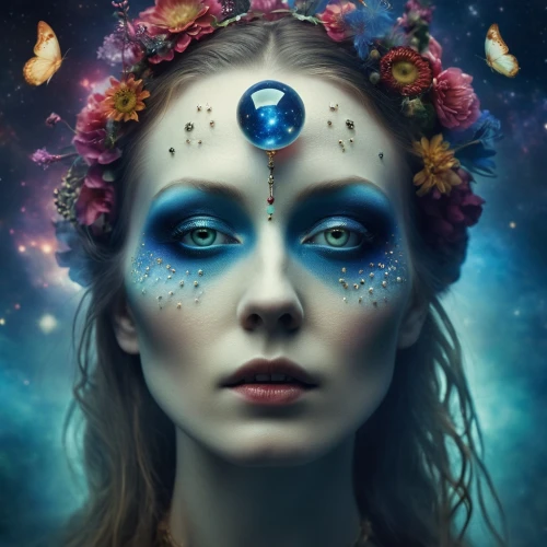 blue enchantress,cosmic eye,fairie,blue spheres,mystical portrait of a girl,cosmic flower,earth chakra,rosicrucianism,faerie,astrologically,cosmography,mother earth,magickal,faery,psytrance,priestess,fantasy portrait,third eye,cosmogenic,priestesses,Photography,General,Realistic