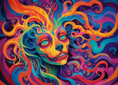 delirium,sugar skull,psychedelic,acid,psychedelia,neon ghosts,neon body painting,boho skull,lsd,medusa,twisted,voodoo woman,muertos,day of the dead,hallucinogen,calavera,fantasmas,skull allover,deadhead,leota,Conceptual Art,Oil color,Oil Color 23