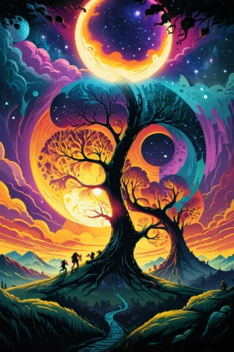 colorful tree of life,tree of life,magic tree,baobabs,celtic tree,flourishing tree,mushroom landscape,yggdrasil,the branches of the tree,lone tree,tangerine tree,painted tree,tree,arbre,the trees,tree grove,fantasy landscape,forest tree,tree and roots,baobab,Illustration,Realistic Fantasy,Realistic Fantasy 25